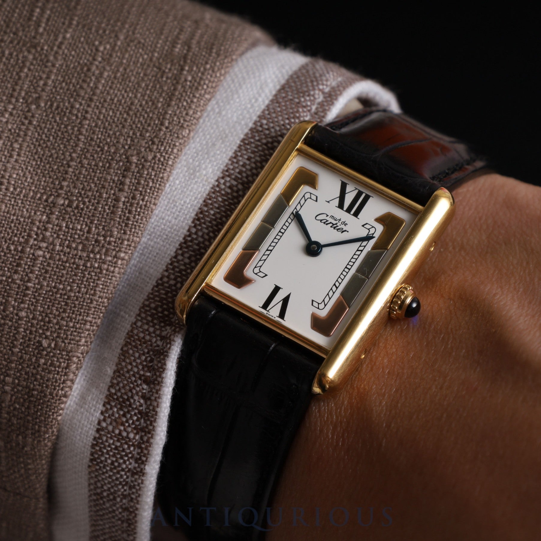 カルティエ マストタンク LM 590005 クォーツ Cal.90 SV925 革 純正Dバックル(GP) トリニティ文字盤 オーバーホール済み