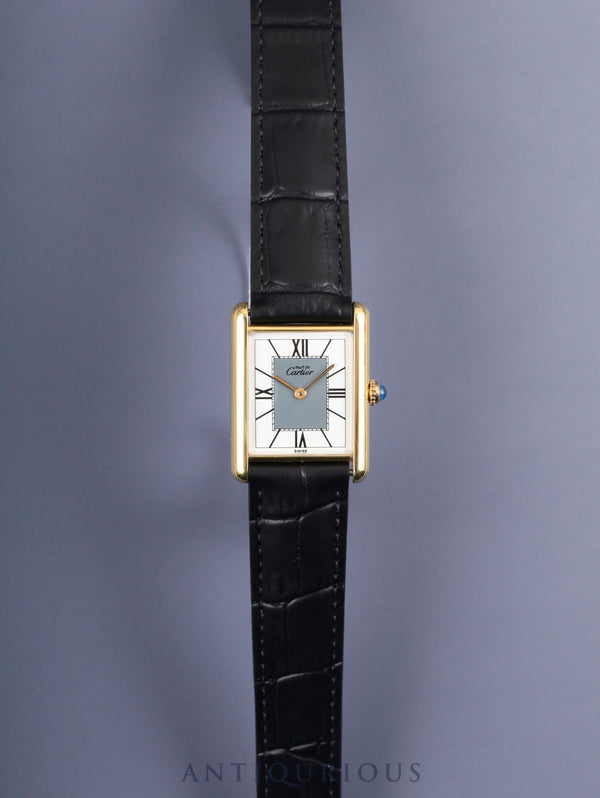 Cartier Must Tank LM 590005 Quartz Caliber 90 SV925 Leather Strap with Genuine D-buckle (GP) Gray Roman Dial with Center Drop, Overhauled and Finished to Look Like New