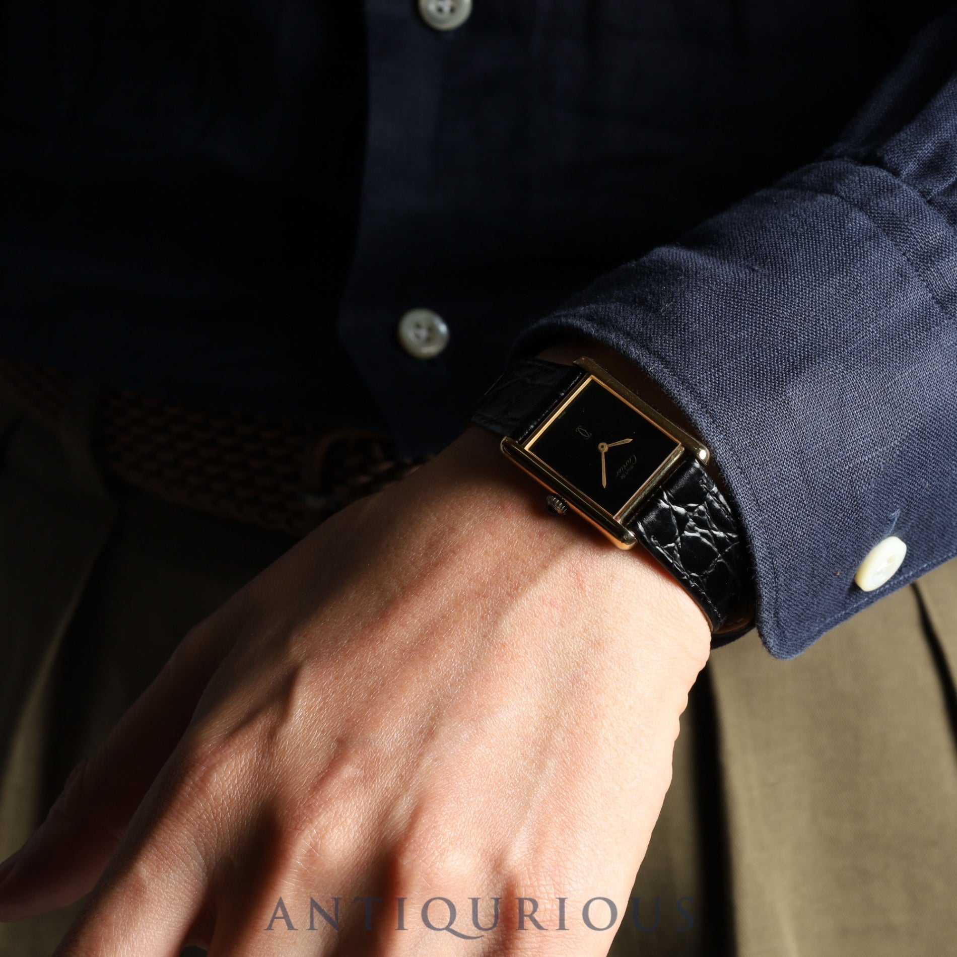 カルティエ マストタンク LM 手巻き Cal.78-1 SV925 革 純正尾錠(GP) ブラックオニキス文字盤 オーバーホール済み