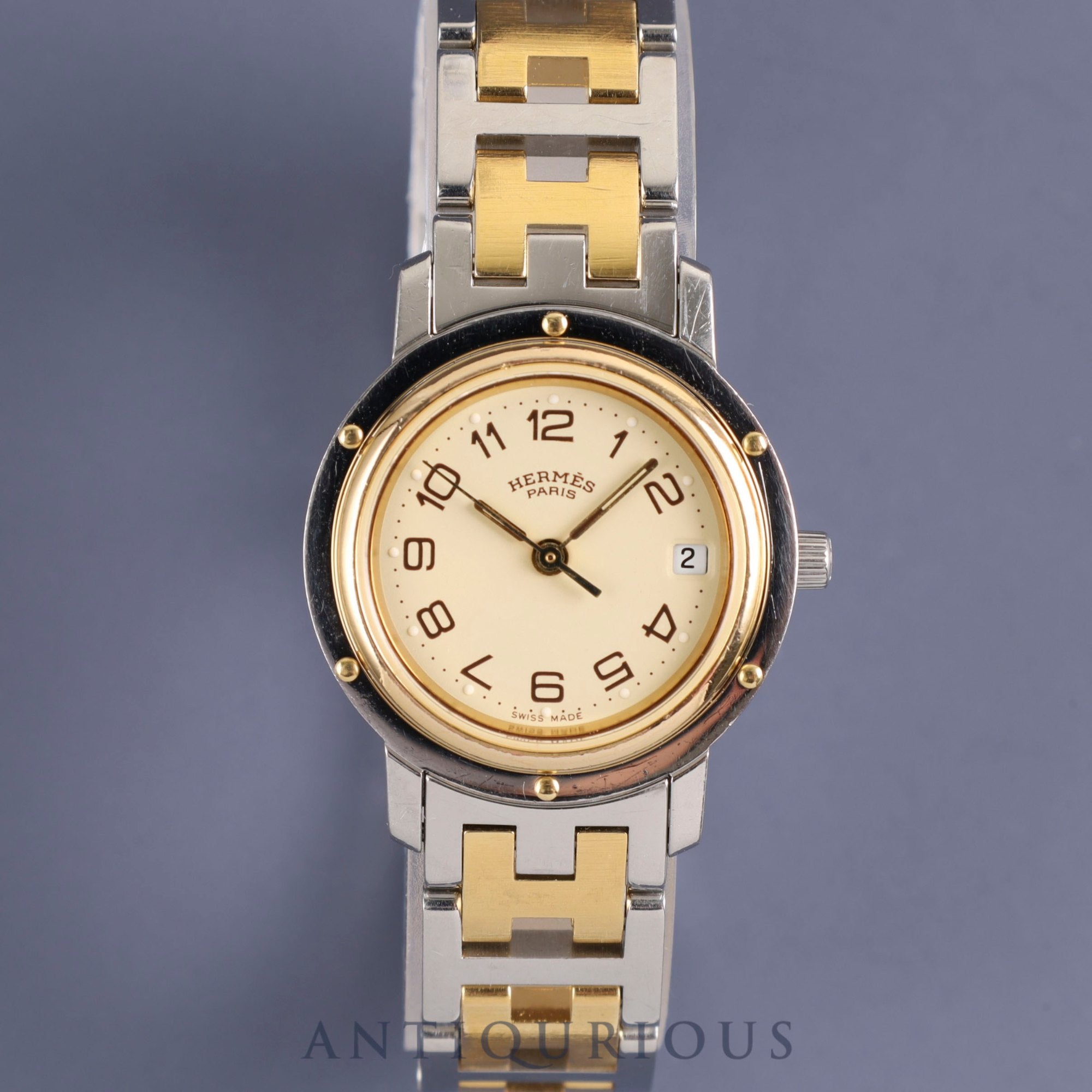 Hermes Clipper CL3.240 Quartz SS/GP Ivory Dial Box Warranty Overhauled