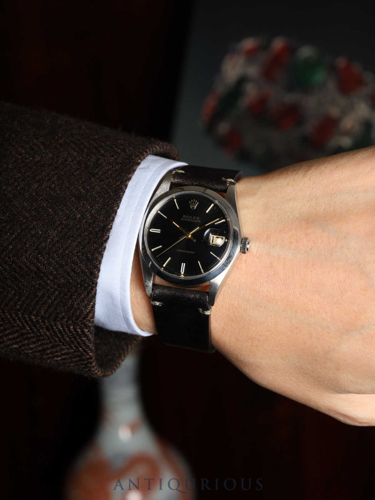 Rolex Oysterdate Precision 6694 Manual Winding Caliber 1225 Stainless Steel Leather Strap with Aftermarket Buckle (Stainless Steel) Black Dial No. 51 (1977) Overhauled
