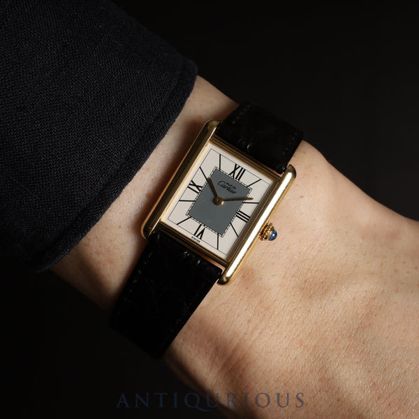 Cartier Must Tank LM590005 Quartz Caliber 90 SV925 Leather Strap with Genuine GP Buckle, Gray Roman Dial, Overhauled