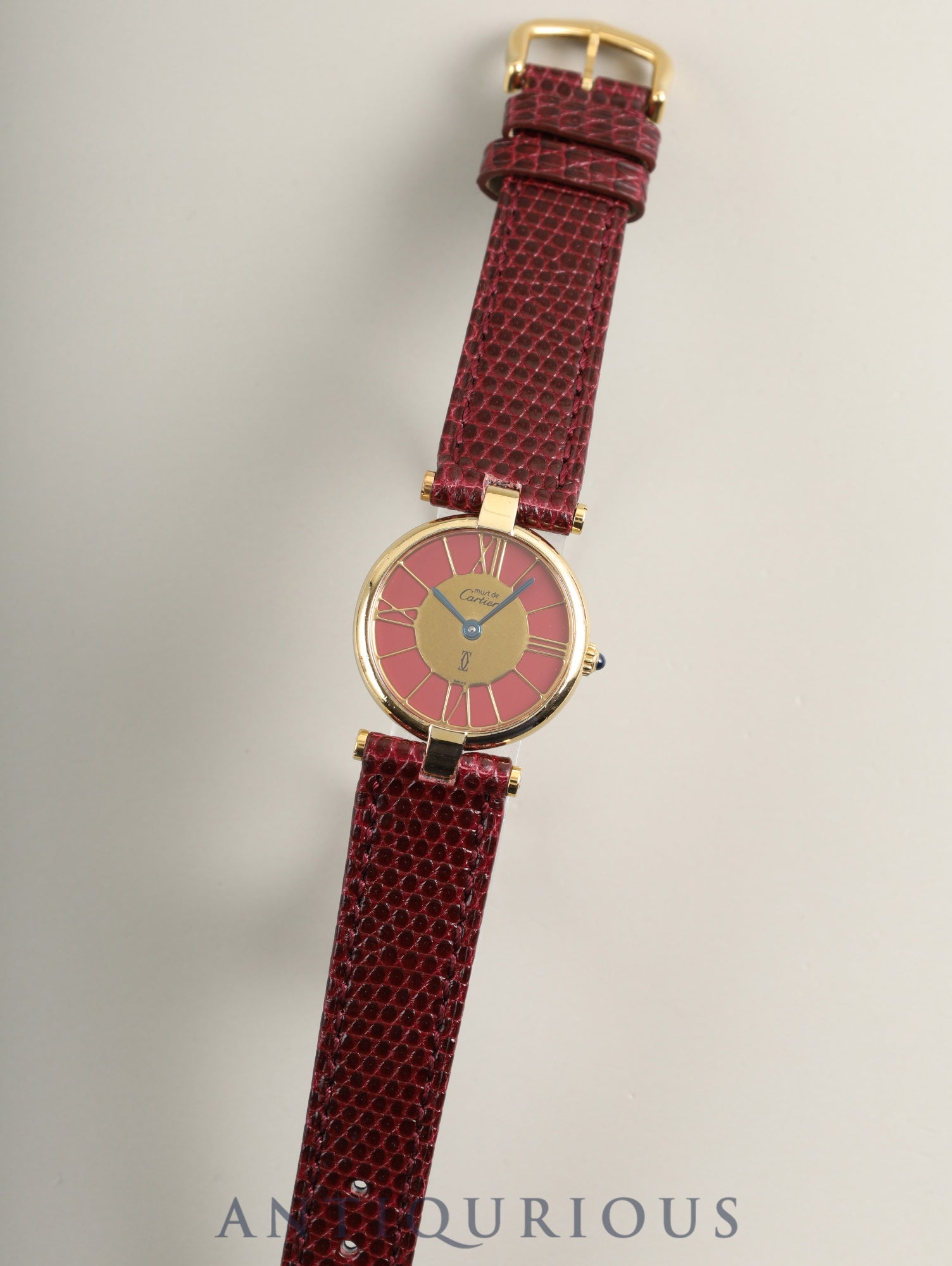 カルティエ マスト ヴァンドーム VLC SM 18 クォーツ Cal.690 SV925 革 純正ピンバックル(GP)ガーネットクロワゾネ文字盤(SWISS表記) オーバーホール済み