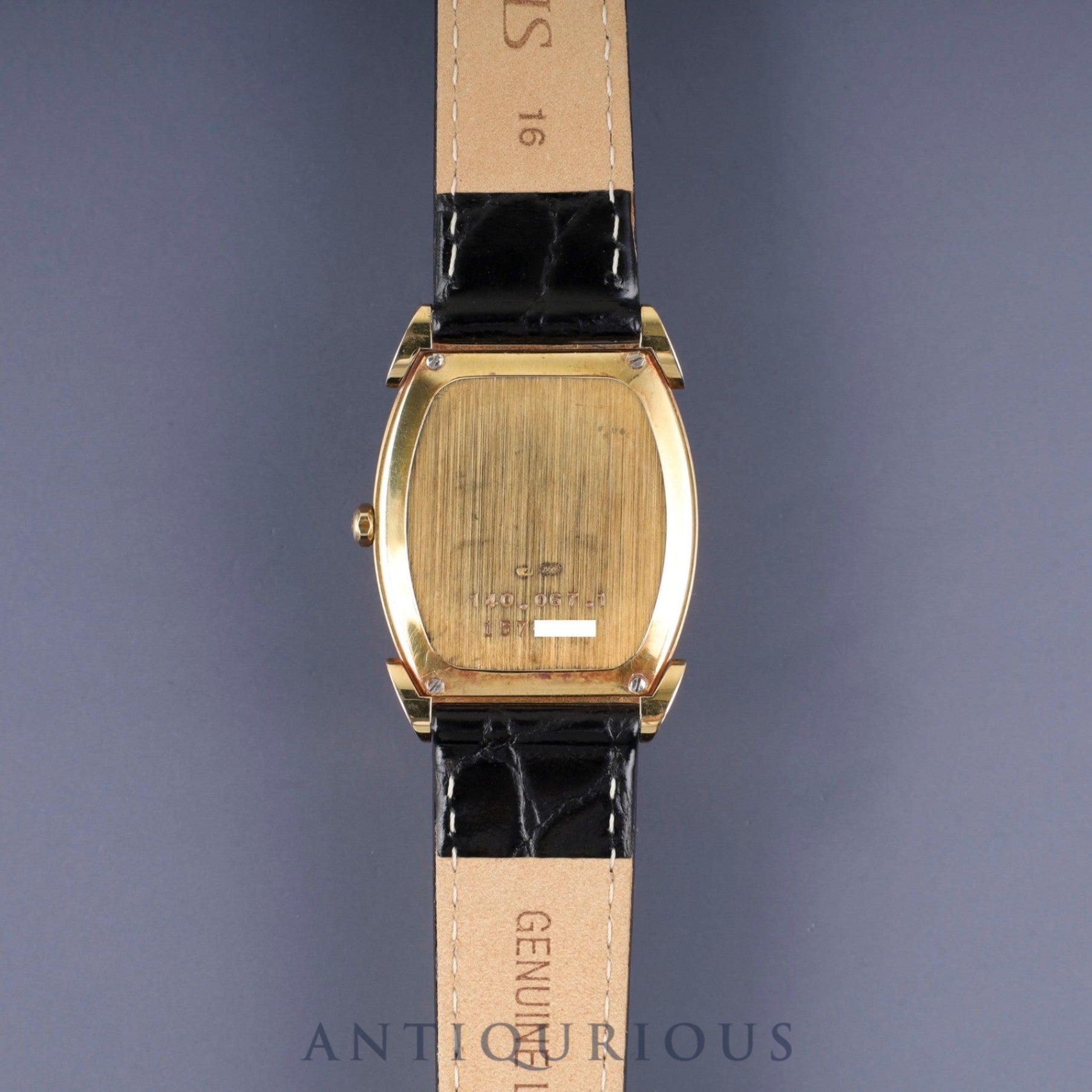 Jaeger-LeCoultre Vintage Tonneau 140.067.1 Quartz Cal.-750 Leather Strap with Genuine GP Buckle Gold Dial Warranty Booklet Overhauled