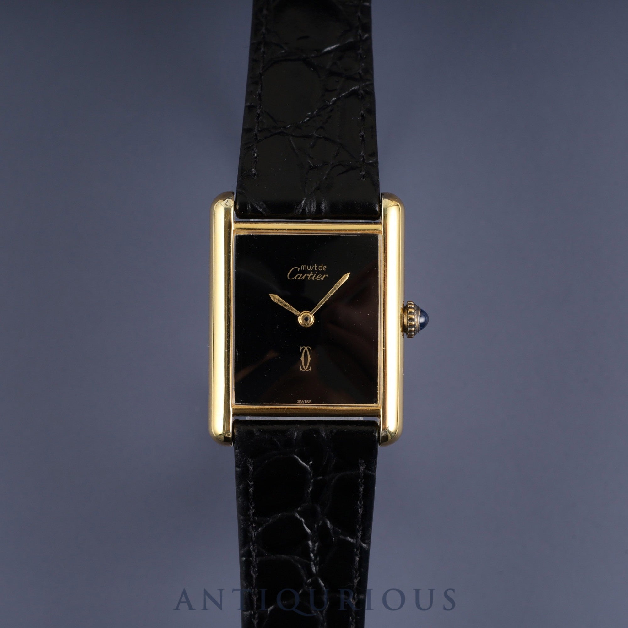 カルティエ マストタンク LM 手巻き Cal.78-1 SV925 革 純正尾錠(GP) オニキス文字盤 オーバーホール済み 新品仕上げ済み