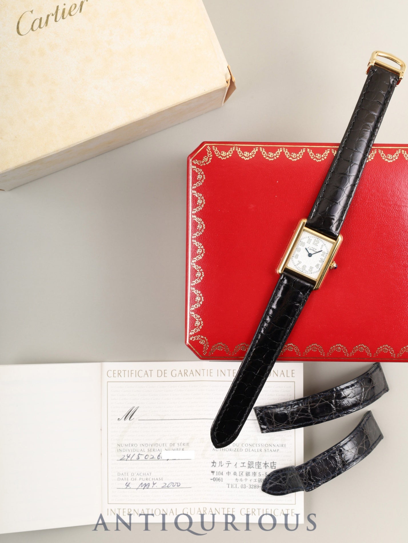 Cartier Must Tank MM W1013854 / 2415 Quartz SV925 Leather Genuine D-buckle (GP) Arabic CC Dial Box Booklet Warranty (2000) Overhauled