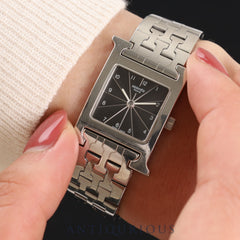Hermes H Watch HH1.210 Quartz SS SS Black Guilloche Dial Overhauled