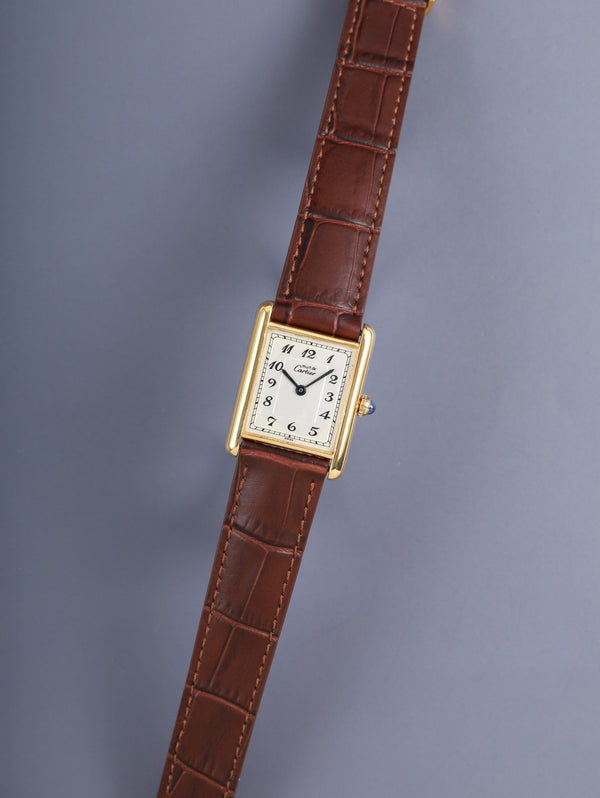 Cartier Must Tank LM 590005 Quartz Caliber 90 SV925 Leather Strap with Genuine D-buckle (GP) Arabic Dial (SWISS Marking) Overhauled and Finished to Look Like New