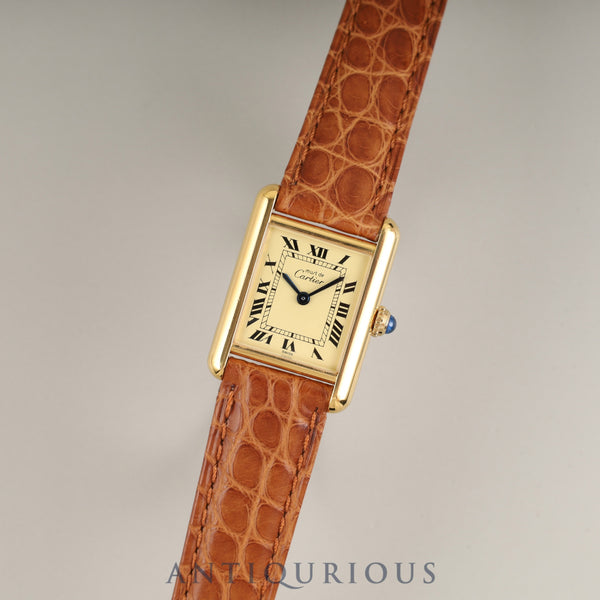 Cartier Must Tank SM 5057001 Quartz Caliber 057 SV925 Leather Strap with Genuine GP Buckle Ivory Roman Dial Overhauled and Finished to Look Like New