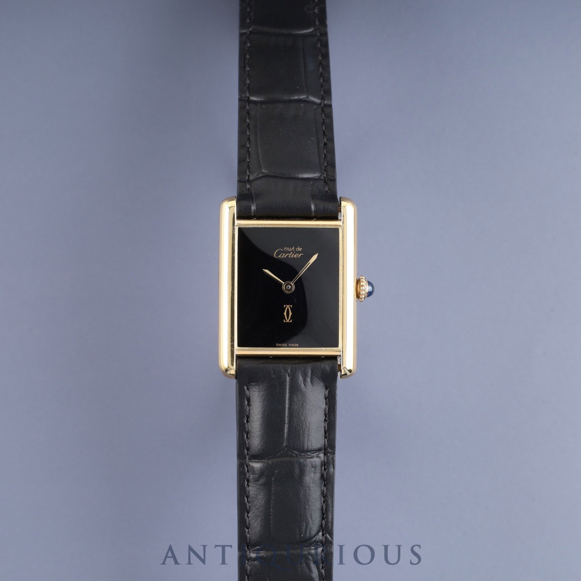 Cartier Must Tank LM, manual winding, Cal. 78-1, SV925, leather, genuine D-buckle (GP), black onyx dial, complete service (full maintenance) completed at a Cartier boutique.