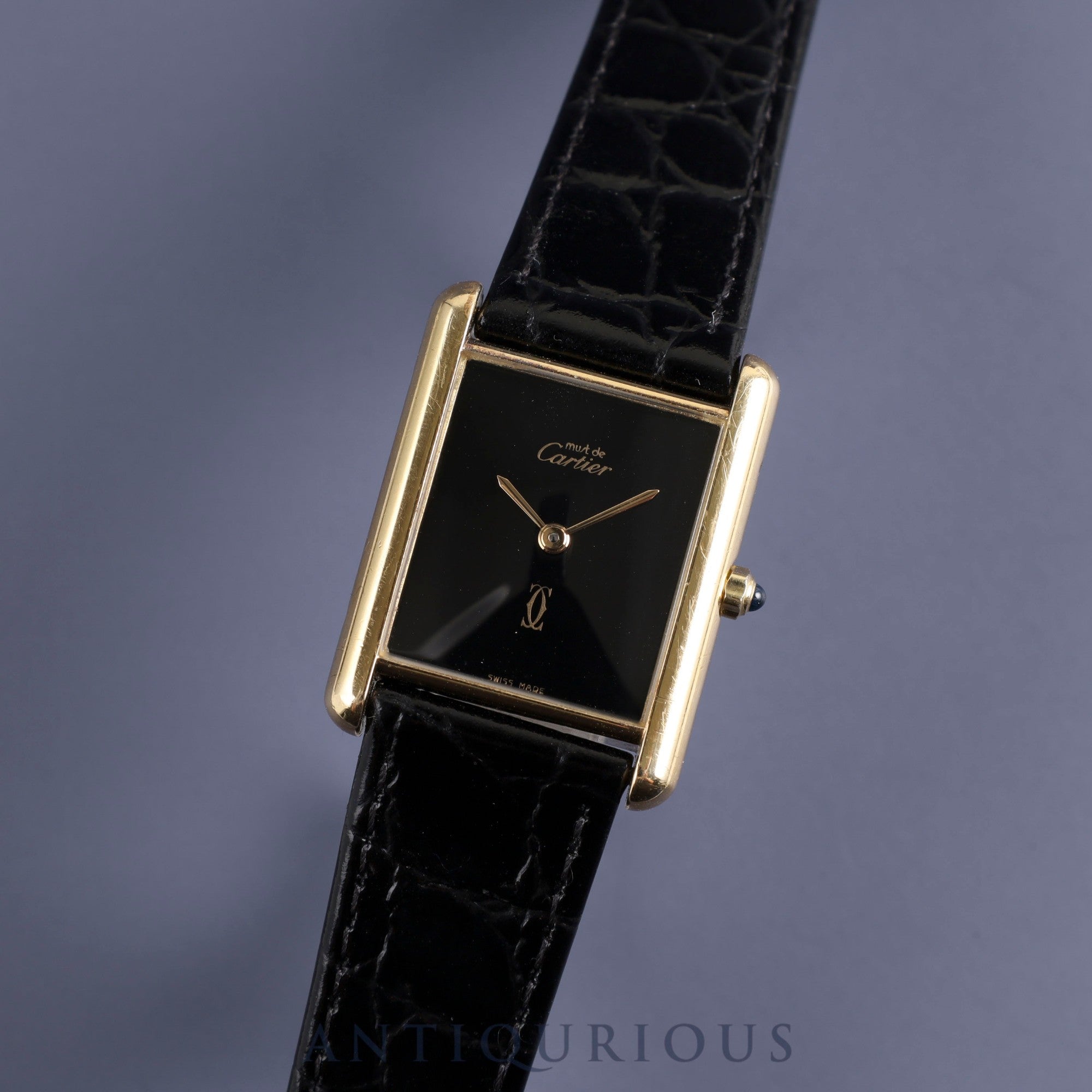 Cartier Must Tank LM 6 81006 Quartz Cal.690 SV925 Leather Genuine Buckle (GP) Onyx Dial Overhauled and Finished to Like New