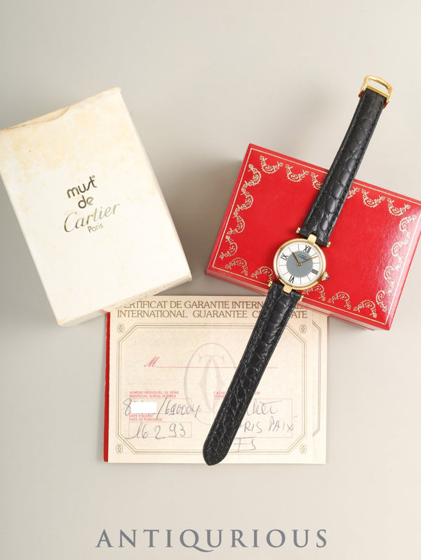 Cartier Must Vendome VLC SM 590004 Quartz Cal.90 SV925 Leather Genuine GP Deployment Buckle Center Gray Roman Dial Box Booklets Warranty (1993) Overhauled