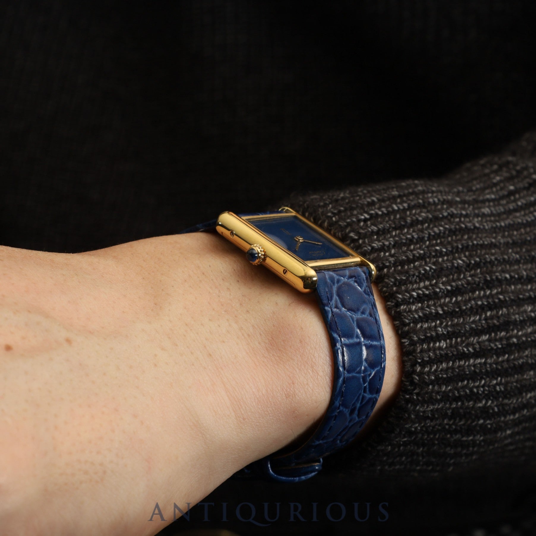 Cartier Must Tank LM Manual Winding Caliber 78-1 SV925 Leather Strap with Genuine GP Buckle, Lapis Lazuli Dial, Circa 1976-1981, Overhauled and Finished to Like New