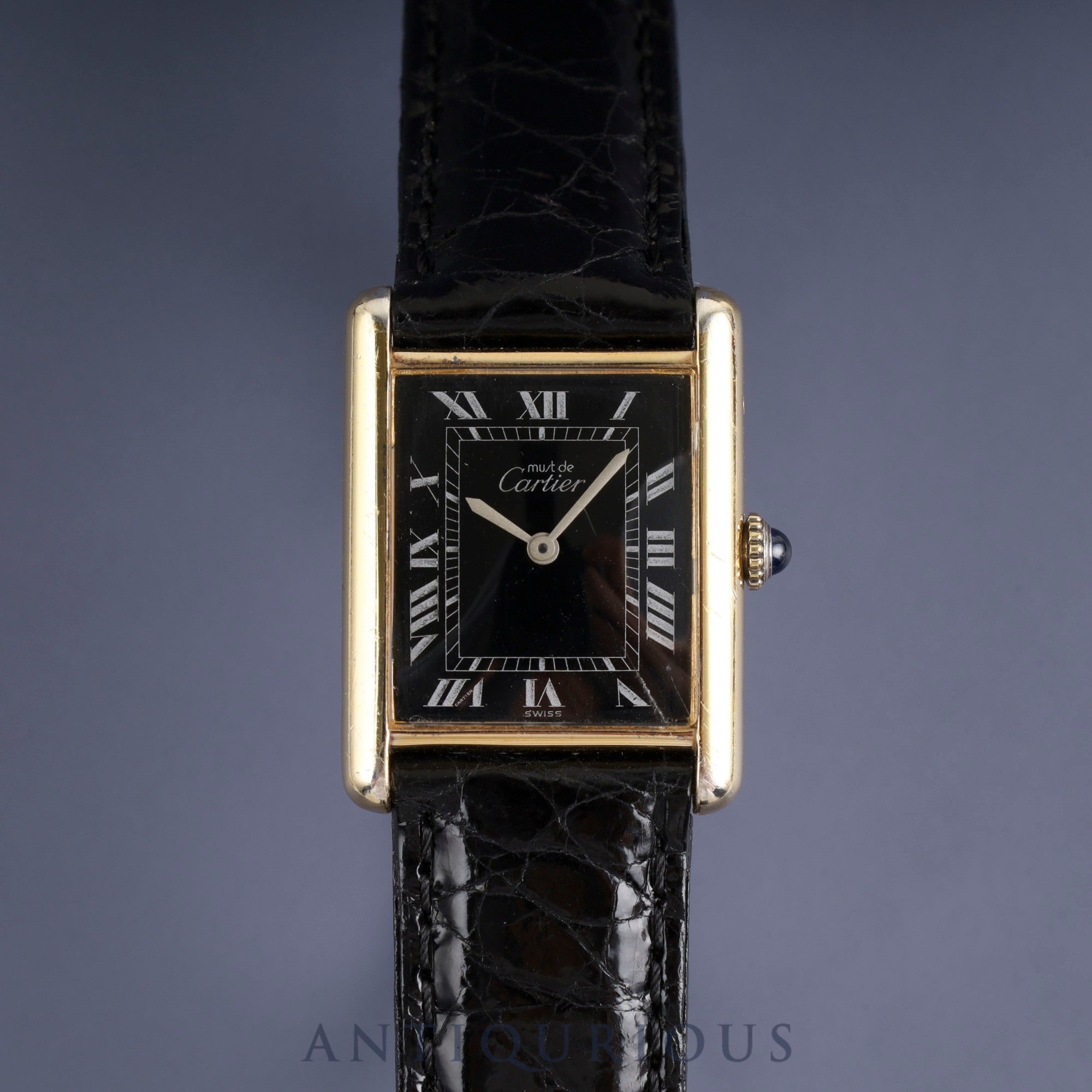Cartier Must Tank LM Manual Winding SV925 Leather Watch with Genuine GP Buckle, Black Roman Dial, Overhauled