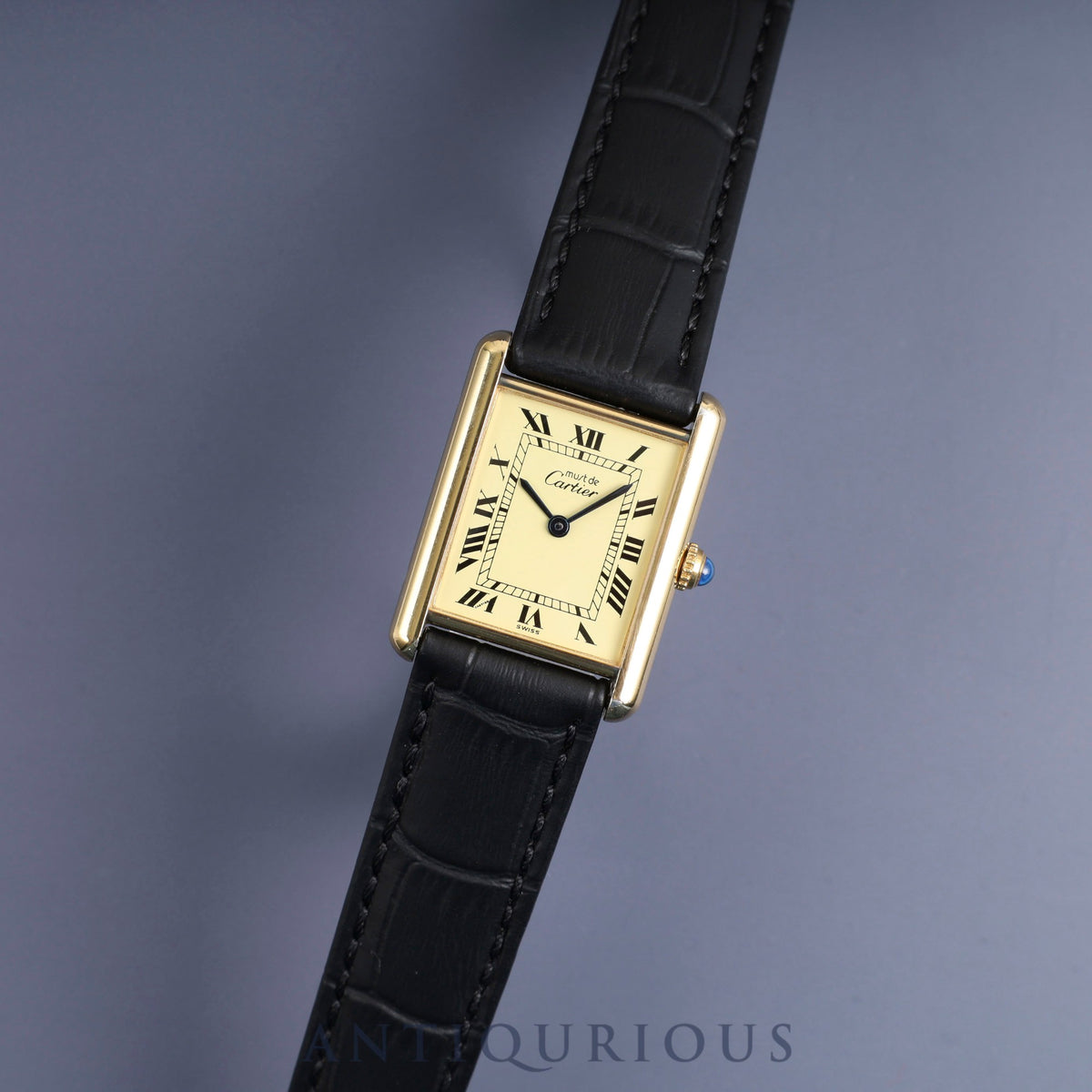 Cartier Must Tank LM 590005 Quartz Caliber - SV925 Leather Strap with Genuine GP Buckle, Ivory Roman Dial, Circa 1982-Circa 1995, Overhauled
