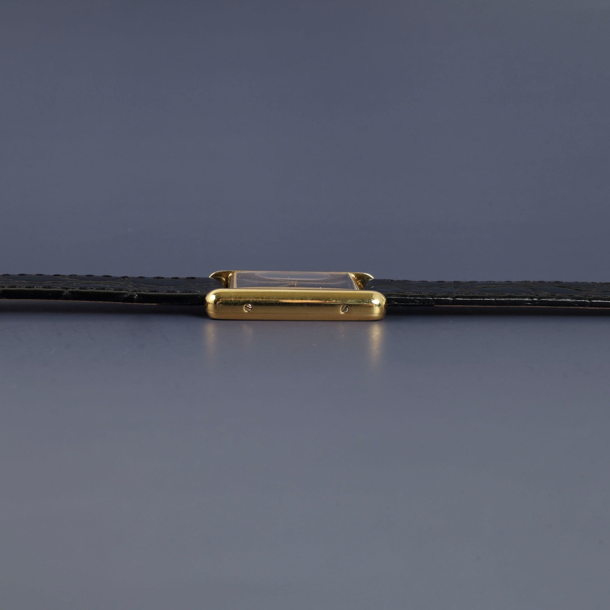 Cartier Must Tank LM 590005 Quartz Caliber 90 SV925 Leather Strap with Genuine GP Buckle, Black Roman Dial, Overhauled and Finished to Look Like New