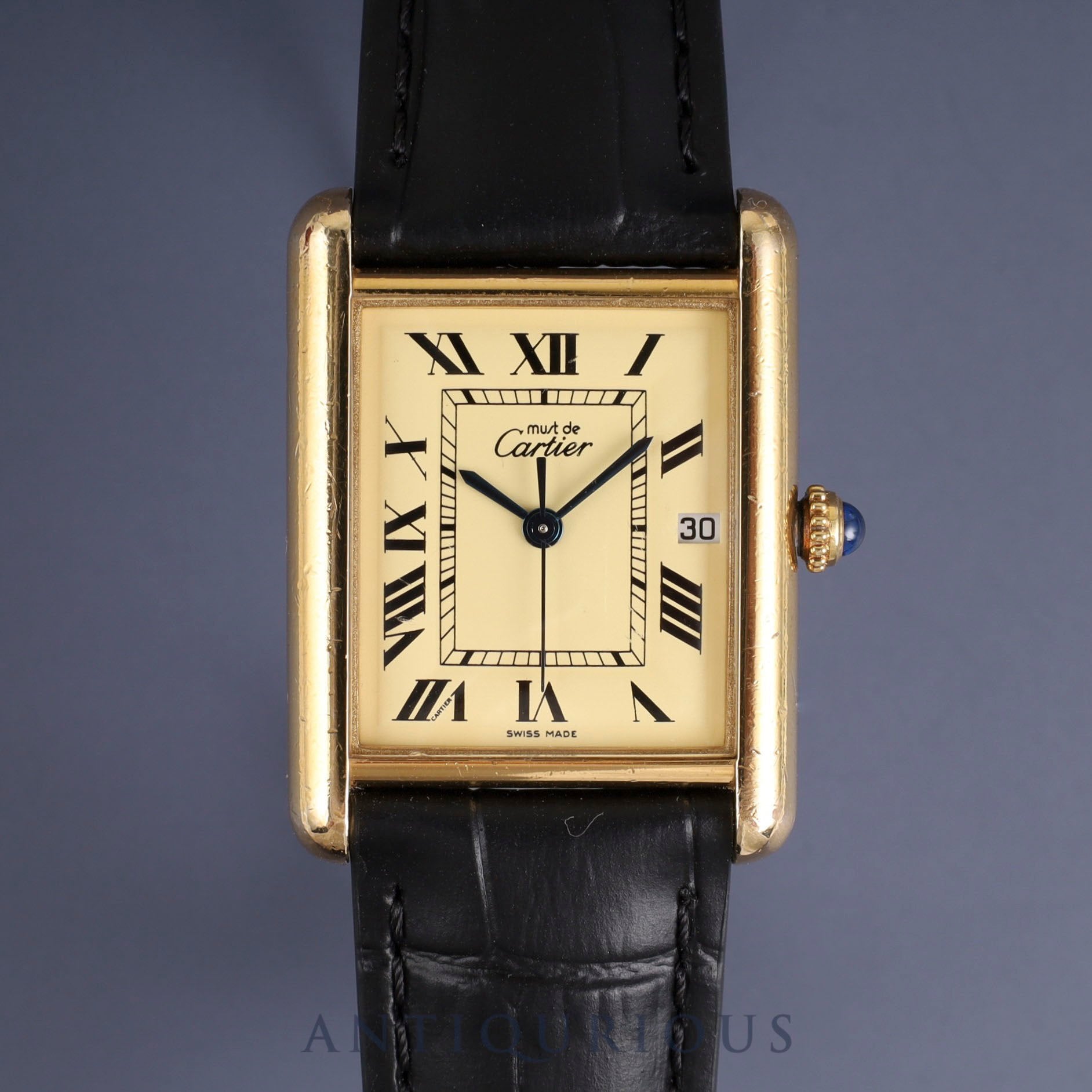 Cartier Must Tank GM (XL) W1017454 / 2413 Quartz Caliber 687 SV925 Leather Strap with Genuine GP Buckle Ivory Roman Dial Box Booklet Temporary Warranty (2002) Overhauled