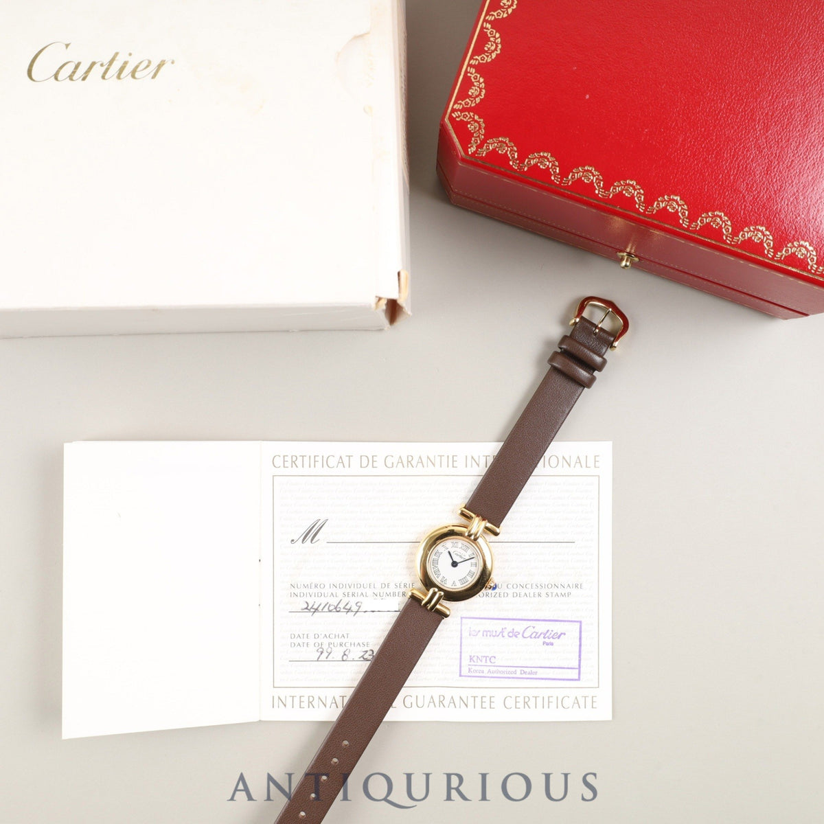 Cartier Must Colisee 2410 Quartz Caliber 157 SV925 Leather Strap with Genuine GP Buckle, White Dial, 24mm, Box, Warranty Card (1999), Overhauled