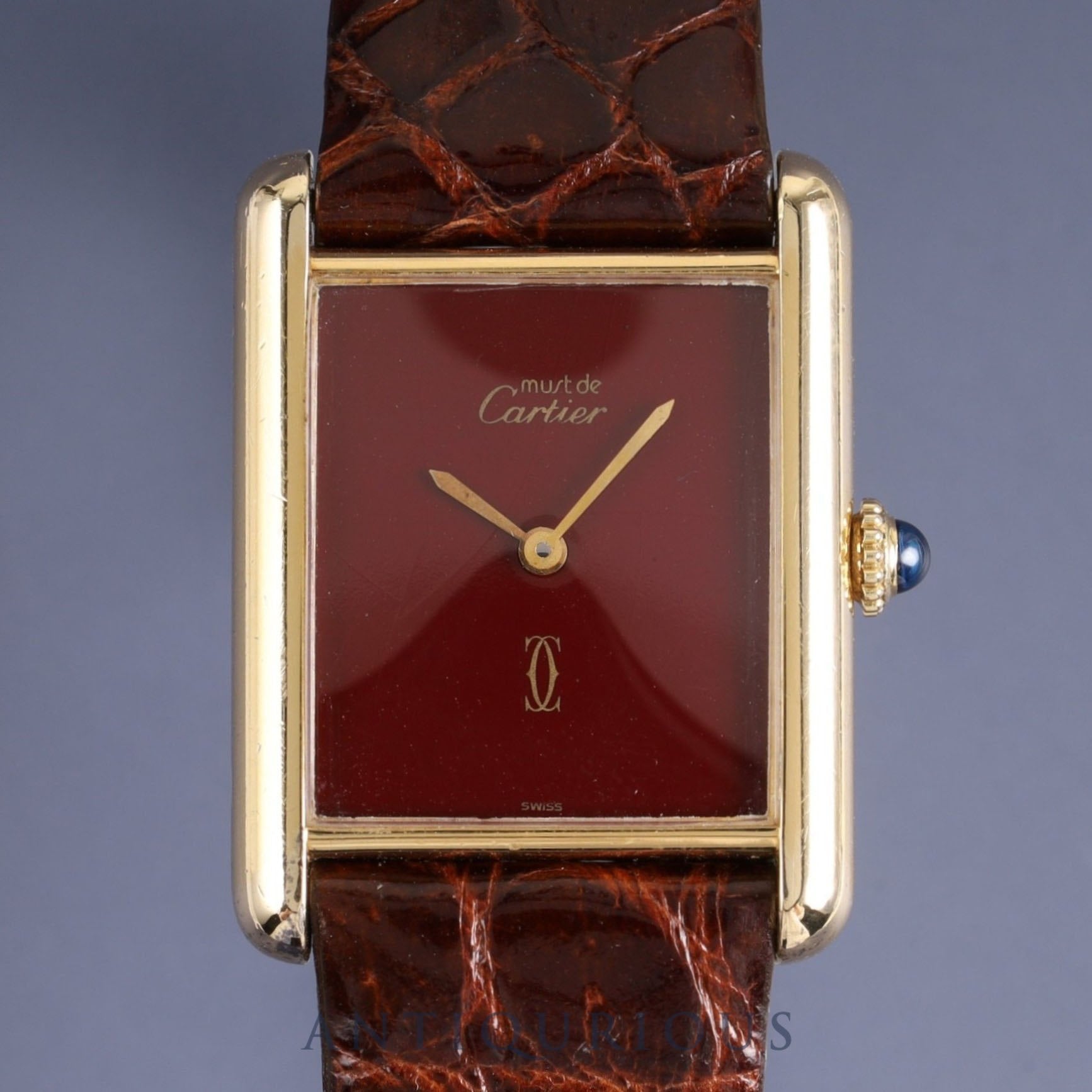 カルティエ マストタンク LM 手巻き Cal.78-1 SV925 革 純正尾錠(GP) ガーネットダイアル ボルドー文字盤オーバーホール済み
