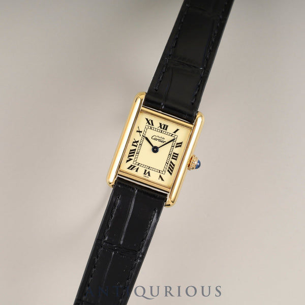 Cartier Must Tank SM 5057001 Quartz Caliber 057 SV925 Leather Strap with Genuine GP Buckle, Ivory Roman Dial, Overhauled