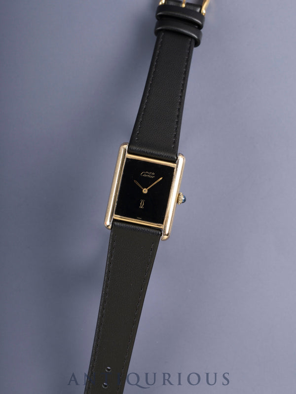 Cartier Must Tank LM Manual Winding Caliber 78-1/ETA2512-1 SV925 Leather Strap with Genuine GP Buckle, Onyx Dial (SWISS Marking), Overhauled