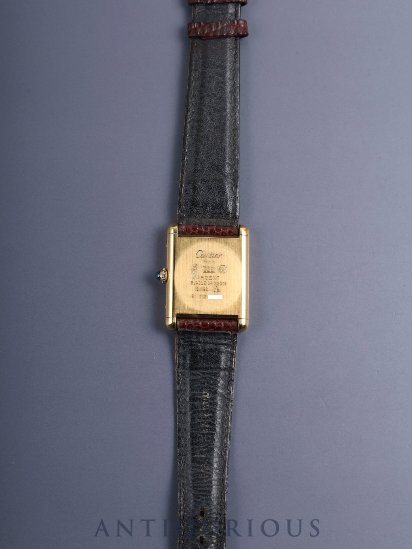 Cartier Must Tank LM, manual winding, Cal. 78-1, SV925, original leather strap, original pin buckle (GP), garnet dial, Bordeaux dial (SWISS marking), recently overhauled.