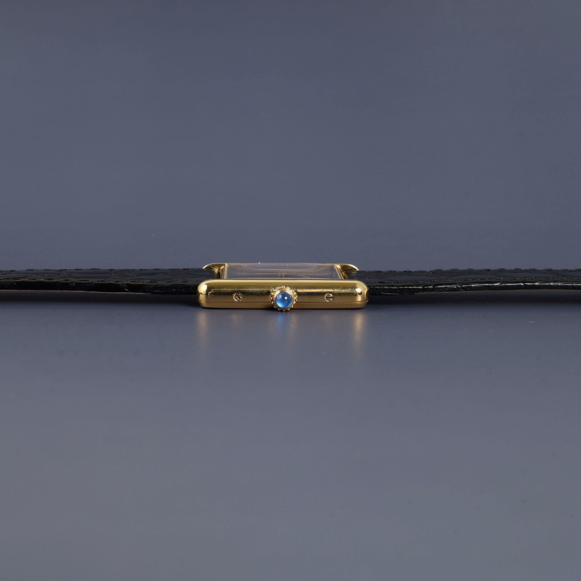 Cartier Must Tank LM 590005 Quartz Caliber 90 SV925 Leather Strap with Genuine GP Buckle, Black Roman Dial, Overhauled and Finished to Look Like New