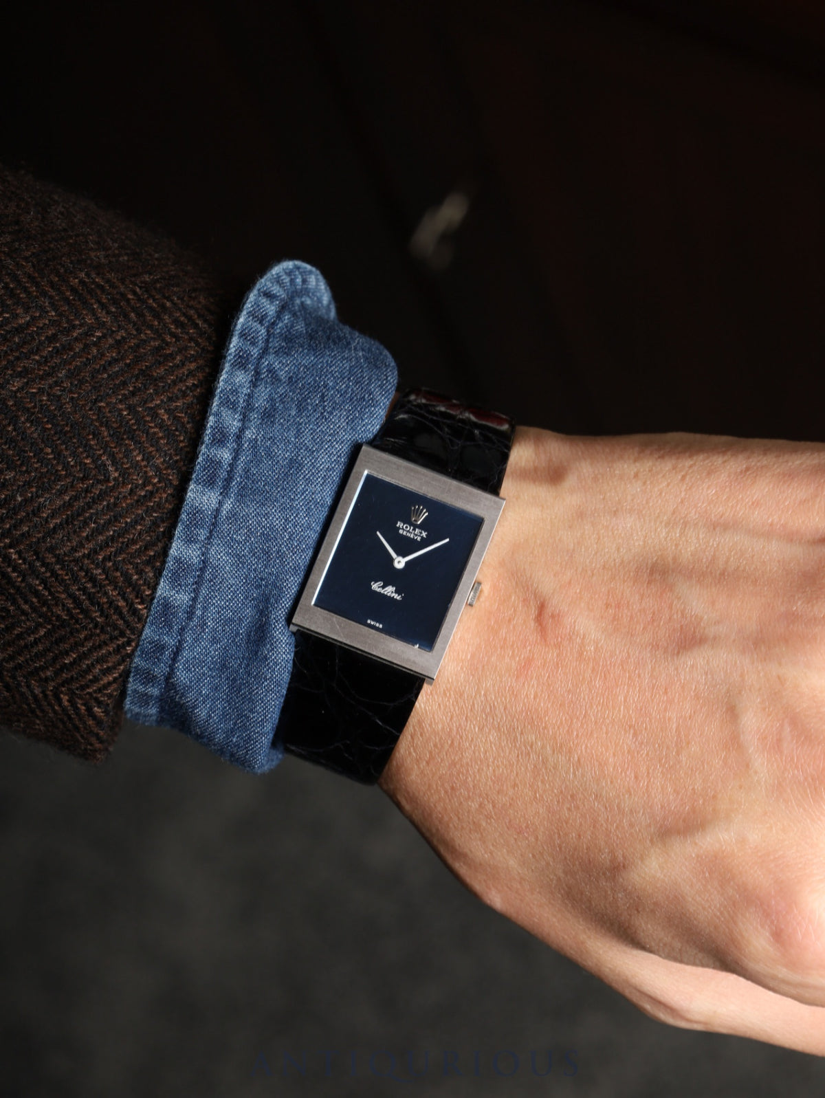 Rolex Cellini 4014 Manual Winding Caliber 1600 750WG Leather Strap with Genuine GP Buckle Blue Dial No. 35 (1972) Overhauled