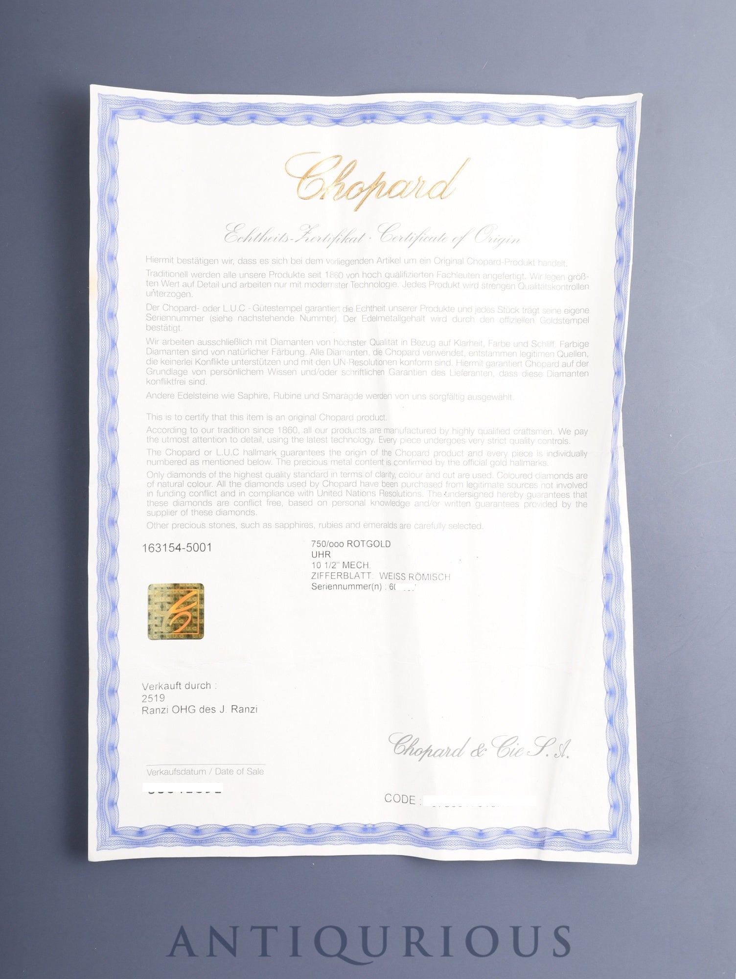 Chopard Classic 163154-5001 Manual Winding Cal.7001 (ETA) 750PG Leather Original Pin Buckle (GP) White Roman Dial Certificate (undated) Overhauled