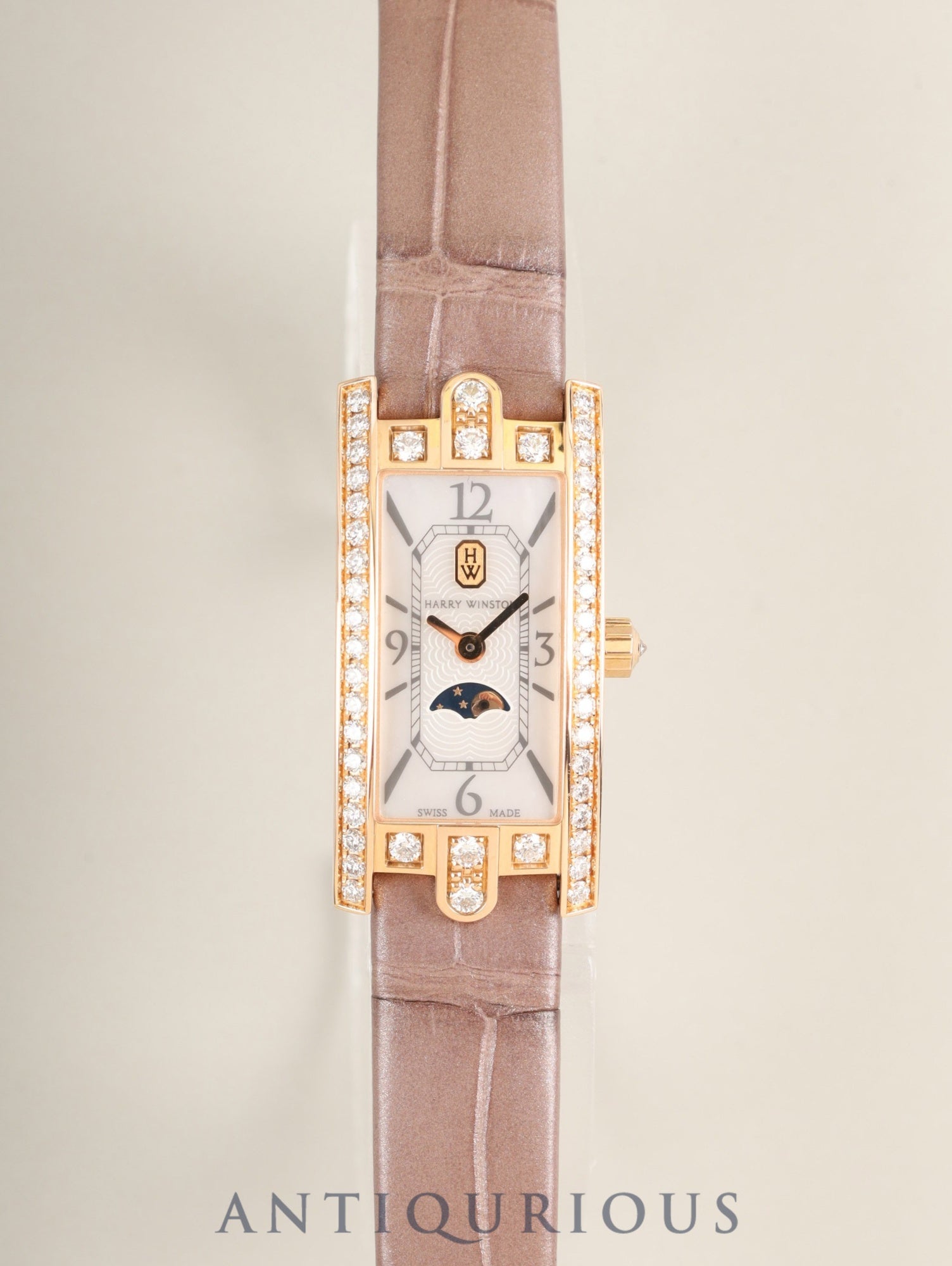 Harry Winston Avenue Avenue C Mini Moonphase AVCQMP16RR001 Quartz Cal.HW5101 (ETA280.002) 750PG Genuine Leather Strap Genuine Buckle (750PG) Mother-of-pearl Dial Diamond Bezel Overhauled