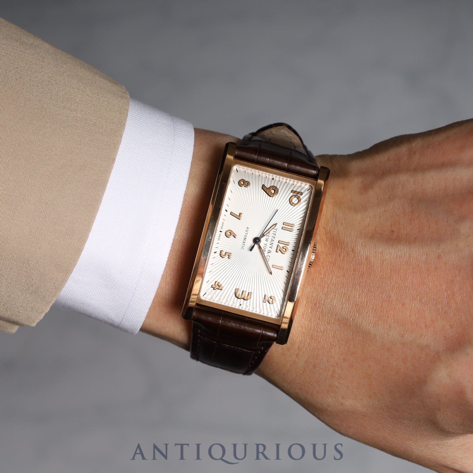 Tiffany East West Automatic PG Leather Silver Dial