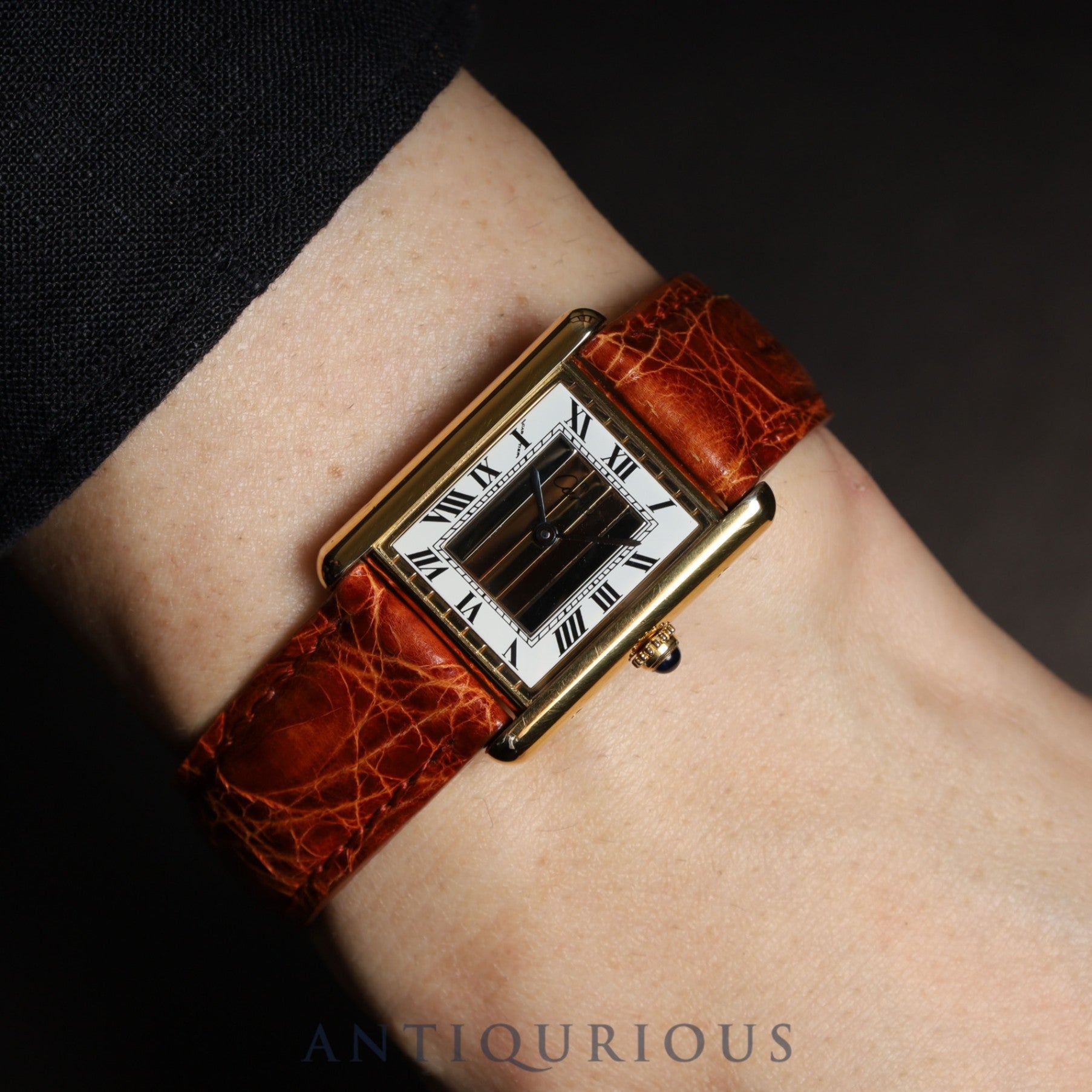 Cartier Must Tank LM 590005 Quartz Caliber 690 SV925 Leather Strap with Genuine GP Buckle, Front Trinity Dial, Overhauled