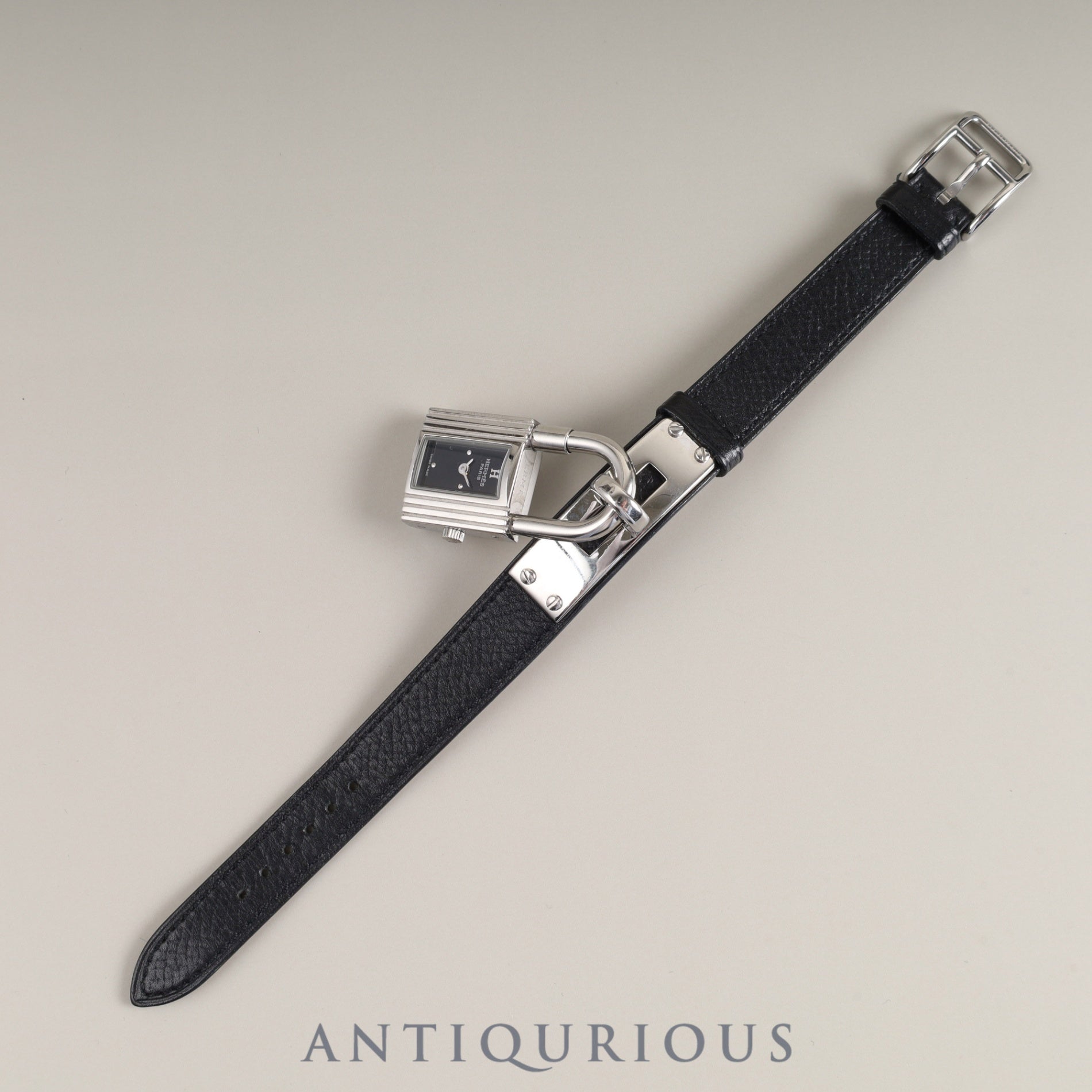 Hermes Kelly Watch KE1.210 Quartz SS Genuine Leather Strap (□D Stamp: 2000) Genuine Buckle (SS) Black Dial Overhauled