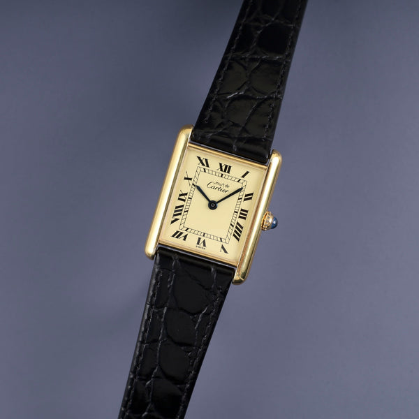 Cartier Must Tank LM 590005 Quartz Cal.690 SV925 Leather Genuine Buckle (GP) Ivory Roman Dial Overhauled and Finished to Like New