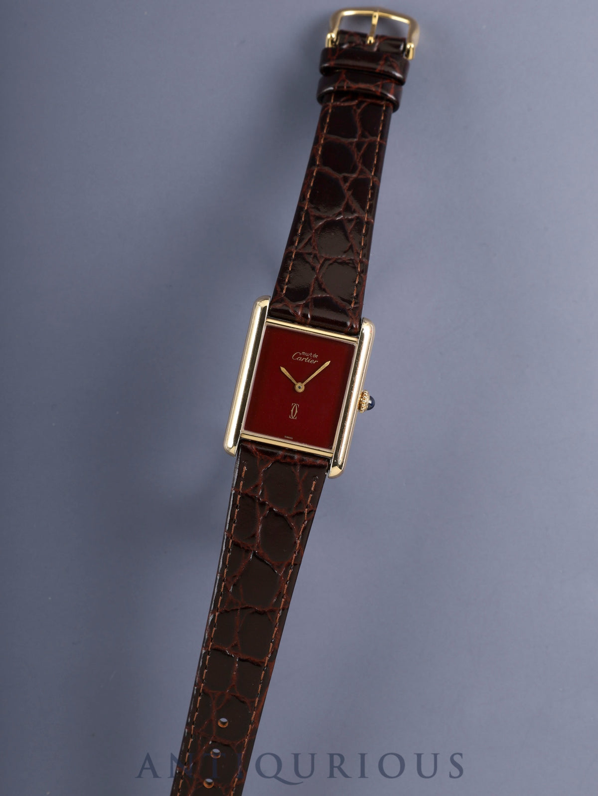 Cartier Must Tank LM, manual winding, Cal. 78-1, SV925, leather strap, original pin buckle (GP), garnet dial, Bordeaux dial (SWISS marking), recently overhauled.