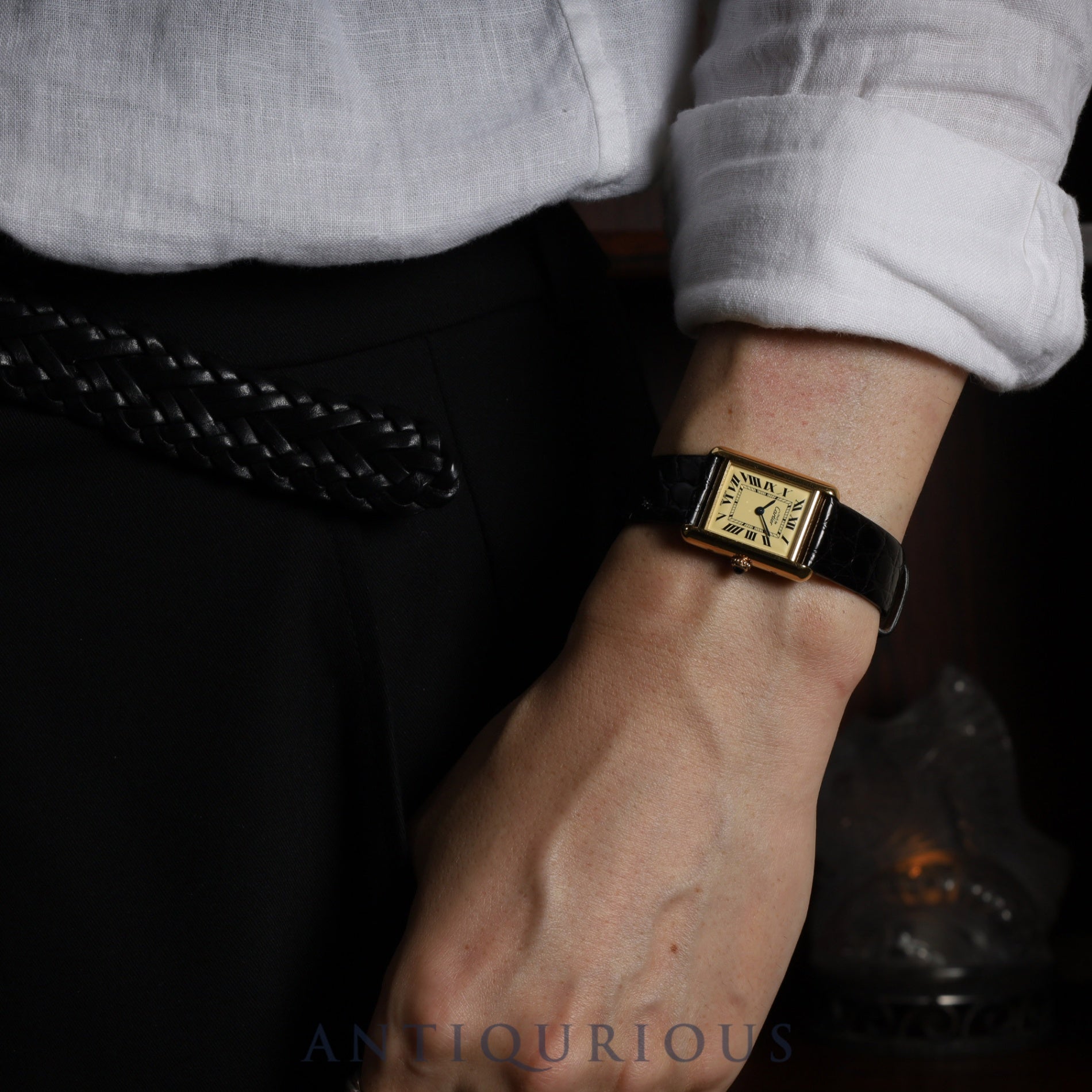 Cartier Must Tank MM 2415 Quartz Caliber 057 SV925 Leather Strap with Genuine GP Buckle, Ivory Roman Dial, Overhauled