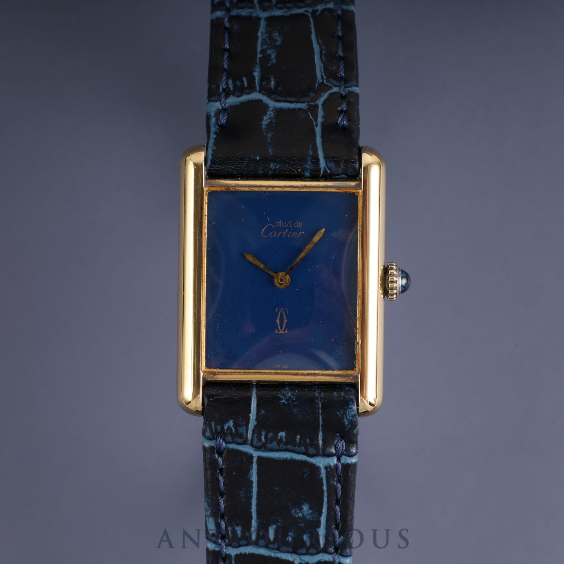 Cartier Must Tank LM Manual Winding Caliber 78-1 SV925 Leather Strap with Genuine GP Buckle, Lapis Lazuli Dial, Circa 1976-1981, Overhauled