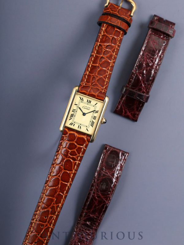 Cartier Must Tank LM 590005 Quartz Cal.90 SV925 Leather Genuine Buckle (GP) Ivory Roman Dial Overhauled