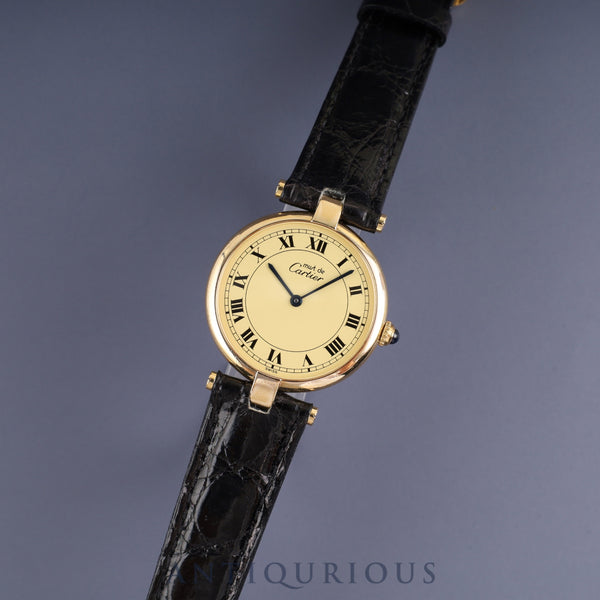 Cartier Must Vendôme VLC LM 590003 Quartz Caliber 90 SV925 Leather Strap with Genuine GP Buckle, Ivory Roman Dial, Overhauled