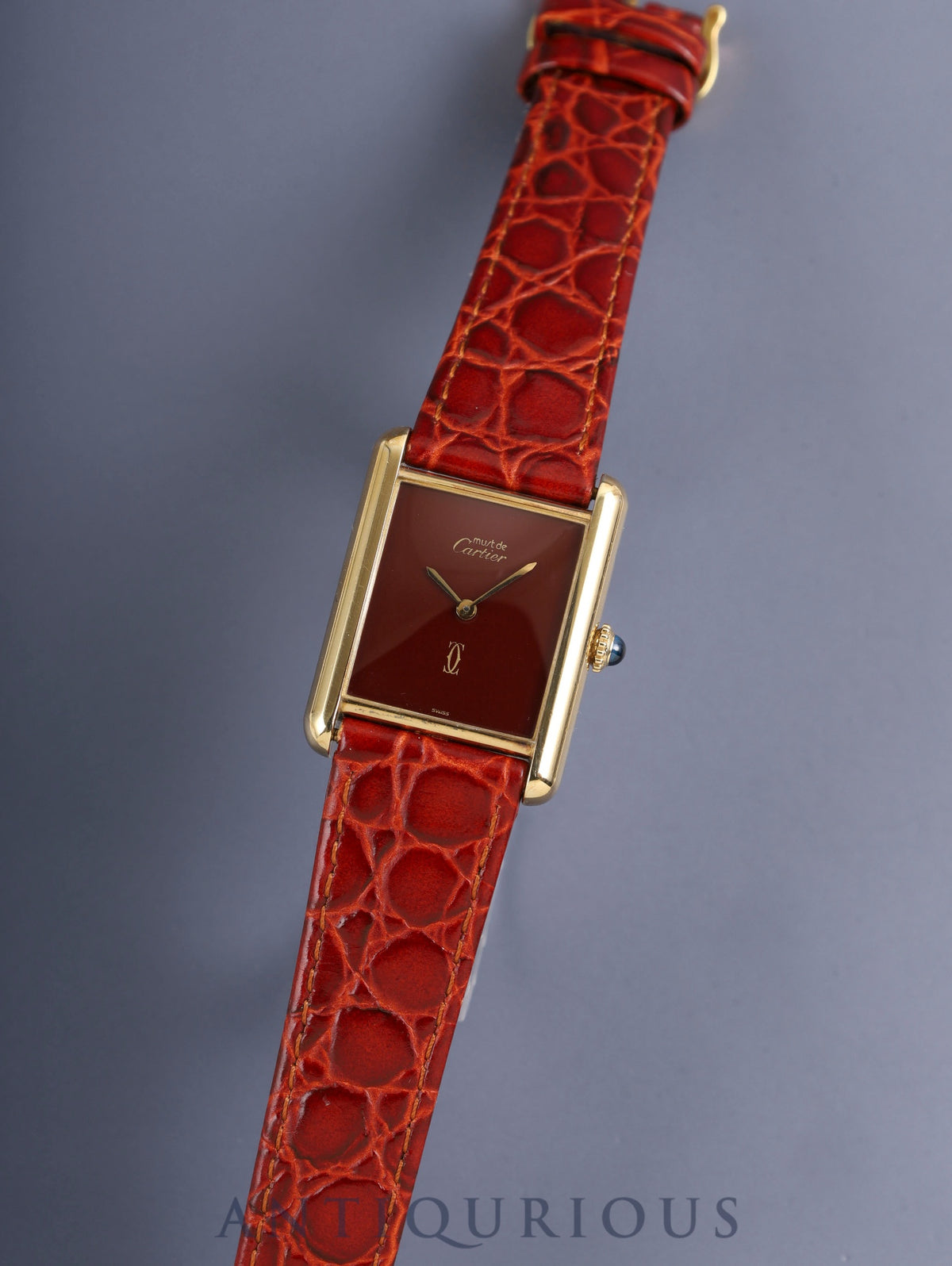 Cartier Must Tank LM, manual winding, Cal. 78-1, SV925, leather strap, original pin buckle (GP), garnet dial, Bordeaux dial (SWISS marking), recently overhauled.