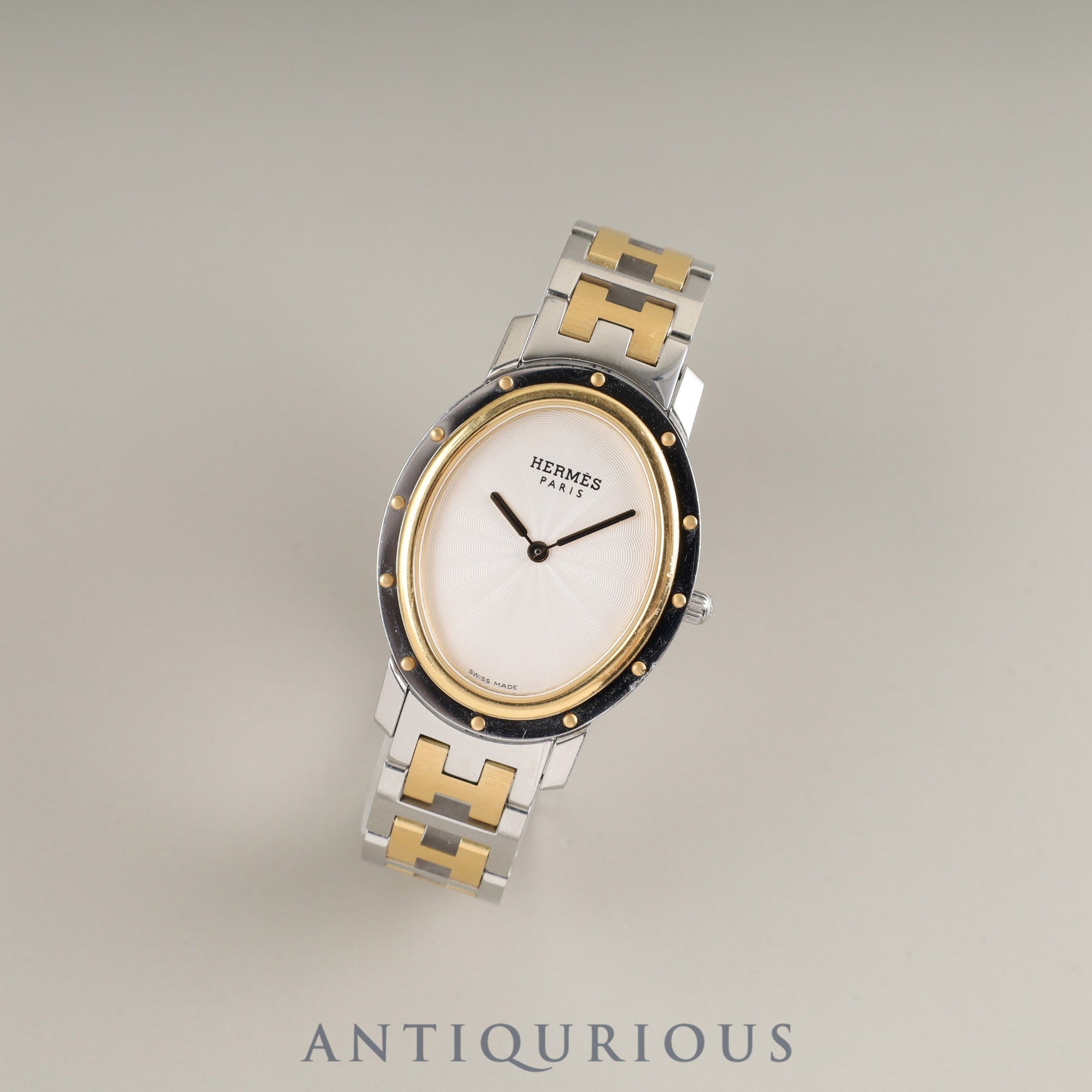 エルメス クリッパー オーバル CO1.520.220 / 3280 クォーツ Cal.976.001 SS/GP ホワイトギョーシェ文字盤 箱 保証書 (2008年)オーバーホール済み