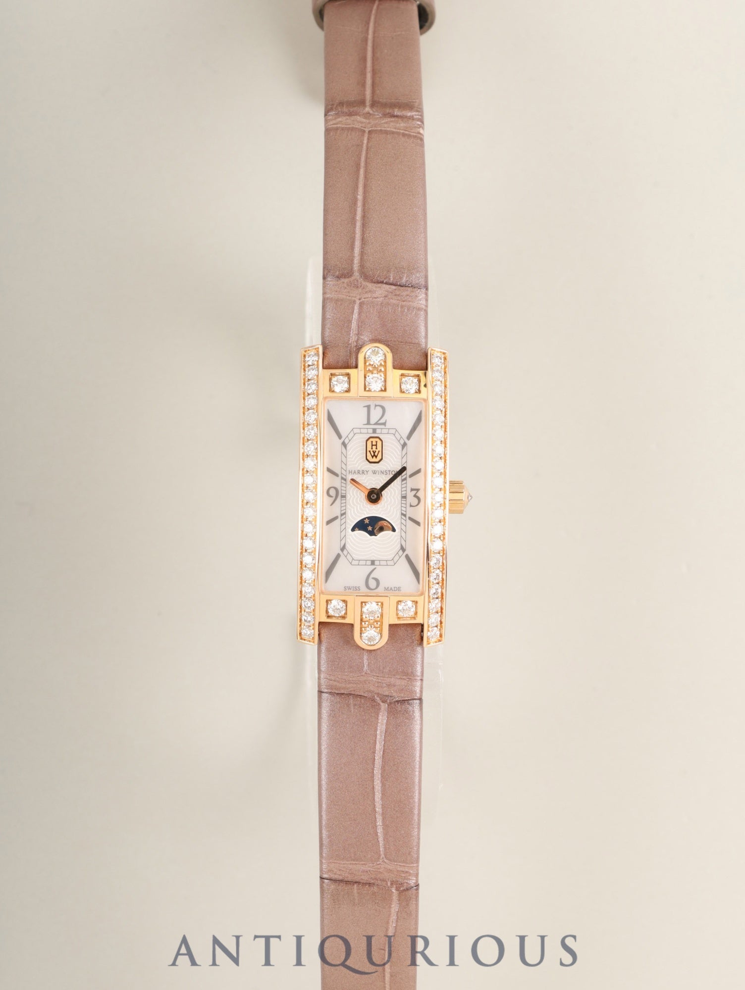 Harry Winston Avenue Avenue C Mini Moonphase AVCQMP16RR001 Quartz Cal.HW5101 (ETA280.002) 750PG Genuine Leather Strap Genuine Buckle (750PG) Mother-of-pearl Dial Diamond Bezel Overhauled