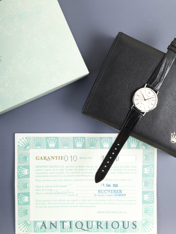 ロレックス チェリーニ 4112/9 手巻き Cal.1601 750WG 革 純正ピンバックル(750WG)シルバー文字盤 W番台(1994-1995年) 保証書(1996年)冊子 オーバーホール済み