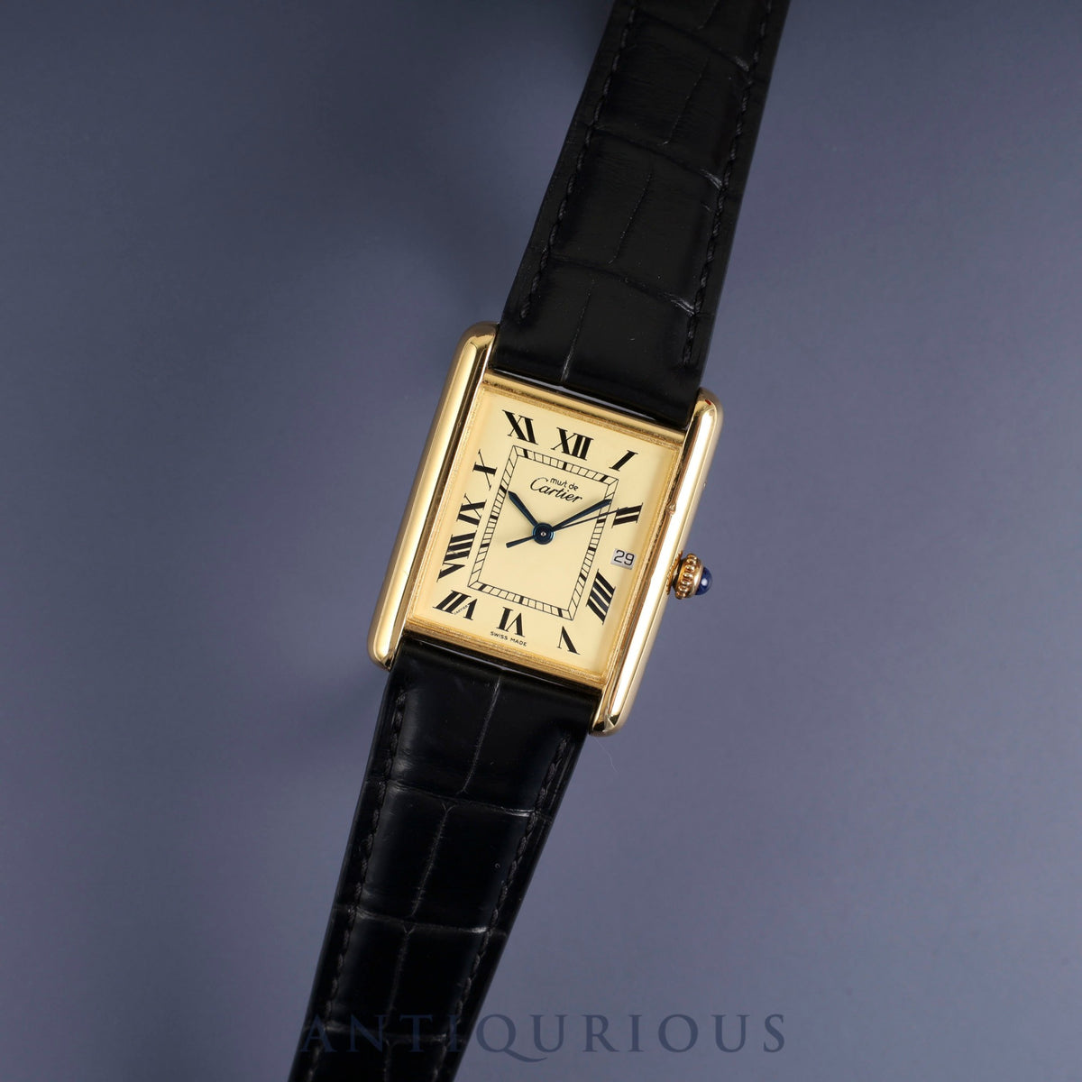Cartier Must Tank GM (XL) 2413 Quartz Caliber 687 SV925 with Genuine Leather Strap and Genuine D-Buckle (GP), Ivory Roman Dial, Overhauled