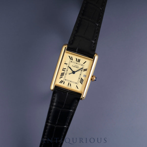 Cartier Must Tank GM (XL) 2413 Quartz Caliber 687 SV925 with Genuine Leather Strap and Genuine D-Buckle (GP), Ivory Roman Dial, Overhauled