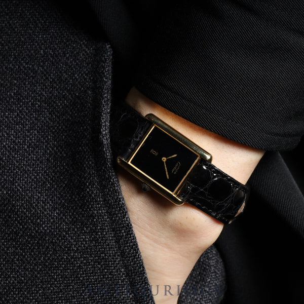 カルティエ マストタンク LM 手巻き Cal.78-1 SV925 革 純正尾錠(GP) オニキス文字盤 1976年頃~1981年頃 オーバーホール済み 新品仕上げ済み