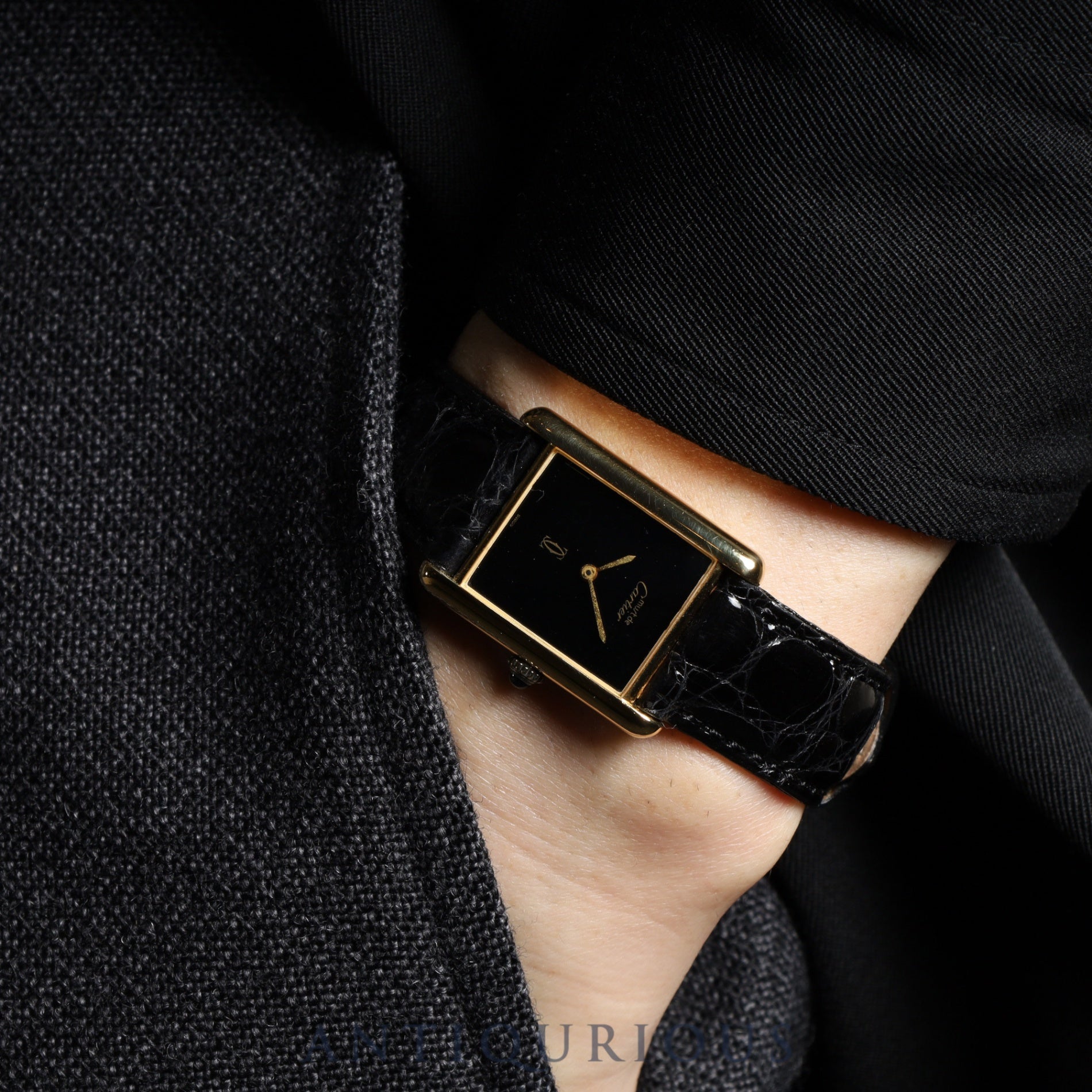 Cartier Must Tank LM Manual Winding Caliber 78-1 SV925 Leather Strap with Genuine GP Buckle, Onyx Dial, Circa 1976-1981, Overhauled and Finished to Like New