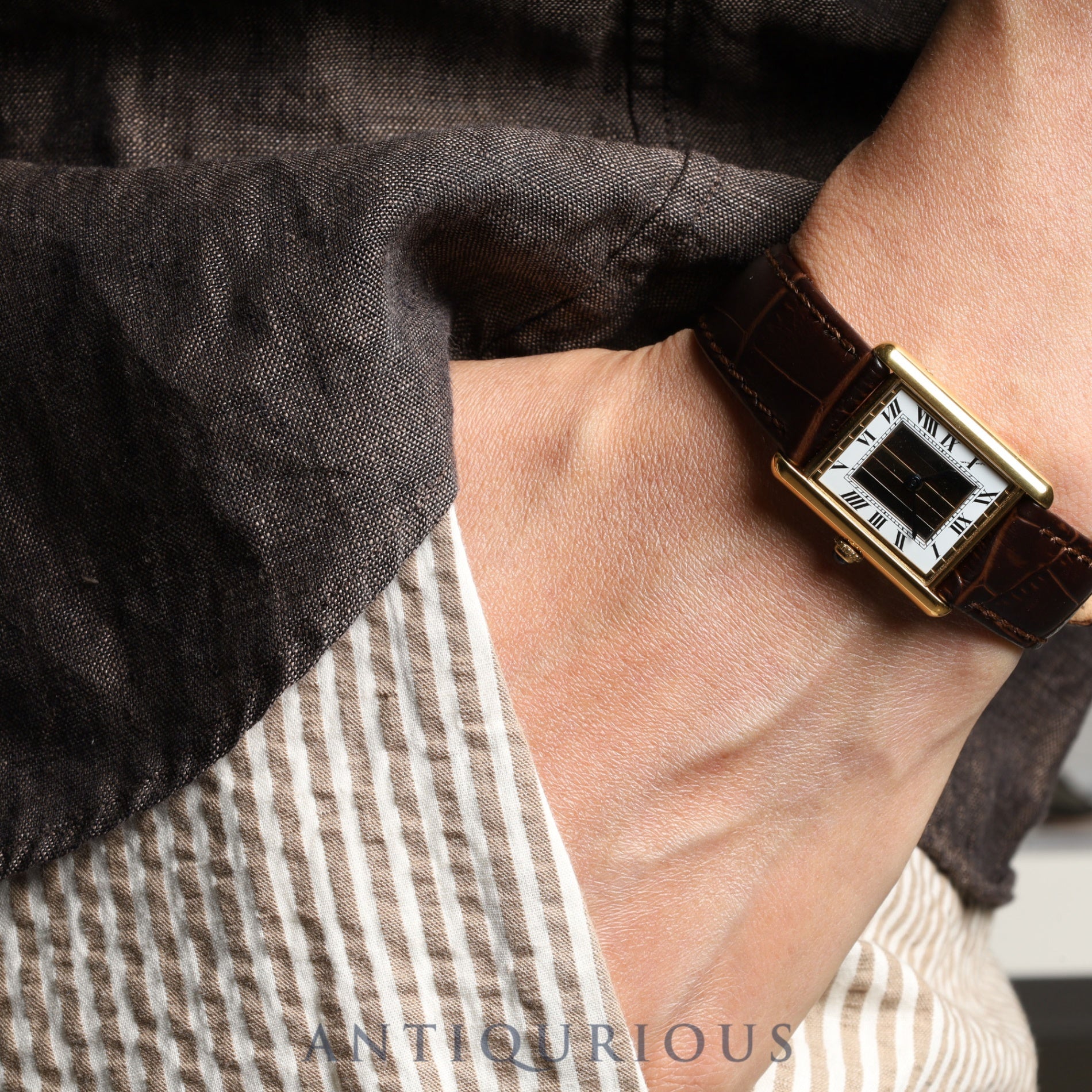 Cartier Must Tank LM 590005 Quartz SV925 Leather Genuine Buckle (GP) Front Trinity Dial Box Booklet Warranty (1990) Complete service completed at Cartier boutique