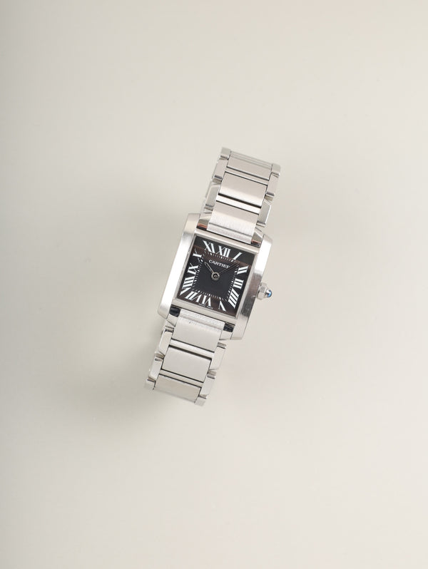 Cartier Tank Française SM W51026Q3 / 2384 Quartz Cal.057 Stainless Steel Black Roman Dial Box Warranty (2003) Overhauled