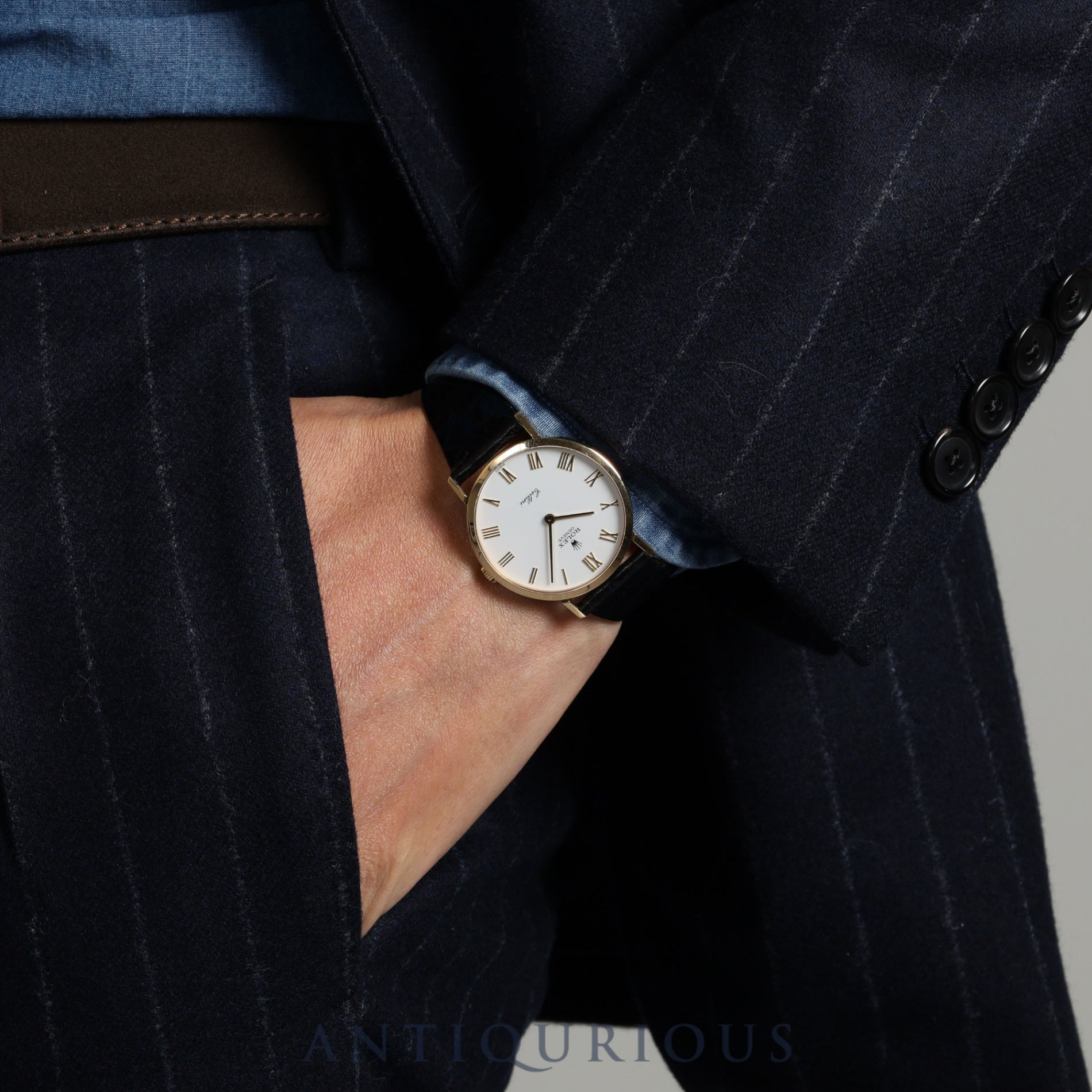 Rolex Cellini 4112 Manual winding Cal.1601 750YG Leather Genuine buckle (GP) White Roman dial 32mm N series (1991) Overhauled